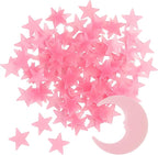 100 Stars and 1 Moon Glow in The Dark Luminous Fluorescent 3D Plastic Glow Stars Moon for Ceiling, Glowing Wall Stickers Create a Realistic Starry Sky, Room Decorations (Pink)