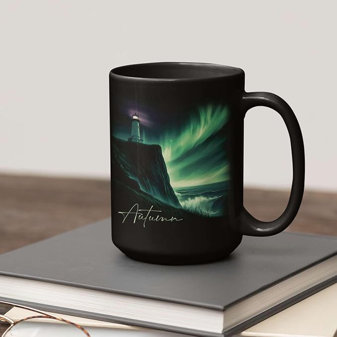 Customized Name Black Coffee Mug, Personalized Beautiful Northern Lights And Lighthouse Mug, Custom Mystical Ocean View Ceramic Cup, Gift For Women Men, Nature Themed Mug 11oz 15oz
