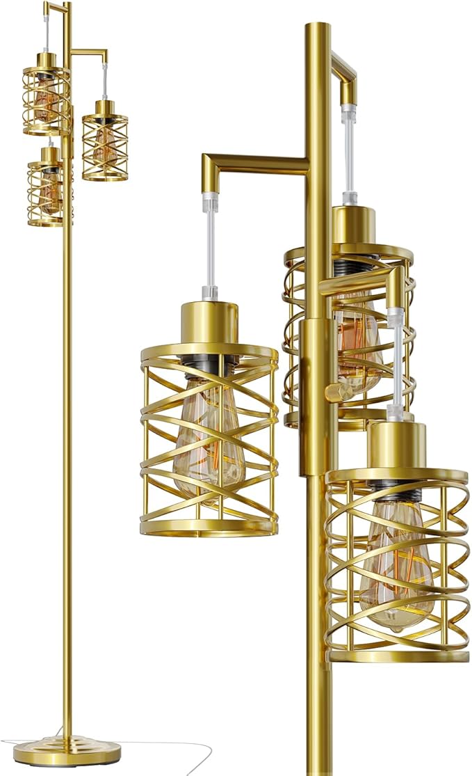 Oneach 70" Industrial Floor Lamp, Stepless Dimmable Standing Lamp with 3 Bulbs, Farmhouse Corner Standing Tree Lamp for Living Room, Tall Lamps for Bedroom, Office, Study Room, Dining Room, Gold