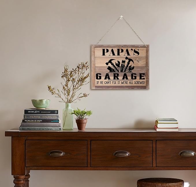Rustic Sign, Father's Day Gift, Dad's Gift, Grandpa's Gift, Decor Hanging Wood Signs, Printed Wood Wall Art Sign, Papa's Garage, If He Can't Fix It We're All Screwed, Vintage Sign Gift for Grandpa