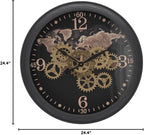 CLXEAST 24 Inch Moving Gear Wall Clock with World Map Pattern,Large Black Gold Metal Wall Clock for Modern Farmhouse Living Room Decor,Reloj De Pared para Sala