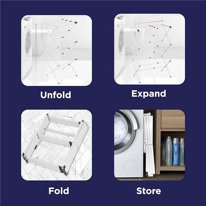 BLACK+DECKER 3 Tier Expandable Collapsing Foldable Laundry Rack for Air Drying Clothing, Space Saving Heavy Duty Lightweight Metal Drying Rack(White)