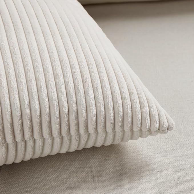 Fancy Homi 2 Packs Cream Long Lumbar Decorative Throw Pillow Covers 12x24 Inch for Couch Bed Sofa, Rustic Farmhouse Boho Home Decor, Soft Striped Corduroy Rectangle Accent Cushion Case 30x60 cm