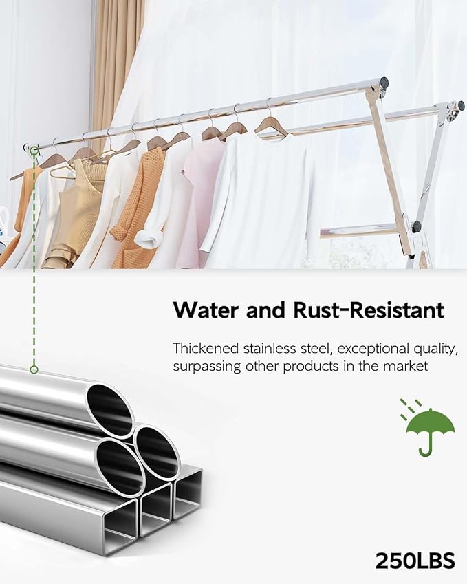 Clothes Drying Rack 79 Inches Folding Indoor Outdoor, Drying Rack Clothing Collapsible, Foldable Laundry Drying Rack, Heavy Duty Stainless Steel Clothesline, Garmet Rack, 20 Hooks 12 Clips