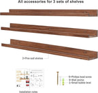 AZSKY 36 Inch Floating Book Shelves Rustic Wood Wall Picture Ledge Shelf for Storage Light Walnut Wall Mounted Picture Photo Display Shelf a Set of 3 Hanging Book Shelf