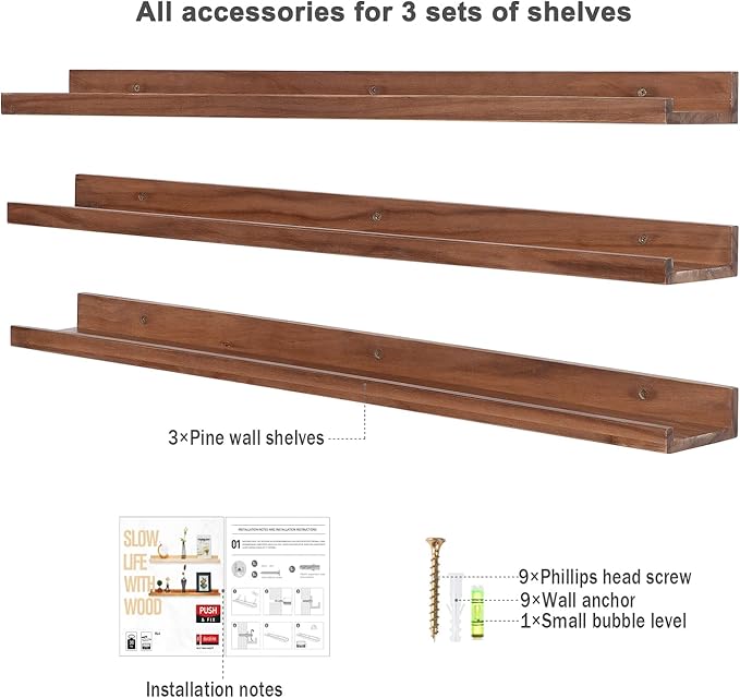 AZSKY 36 Inch Floating Book Shelves Rustic Wood Wall Picture Ledge Shelf for Storage Light Walnut Wall Mounted Picture Photo Display Shelf a Set of 3 Hanging Book Shelf