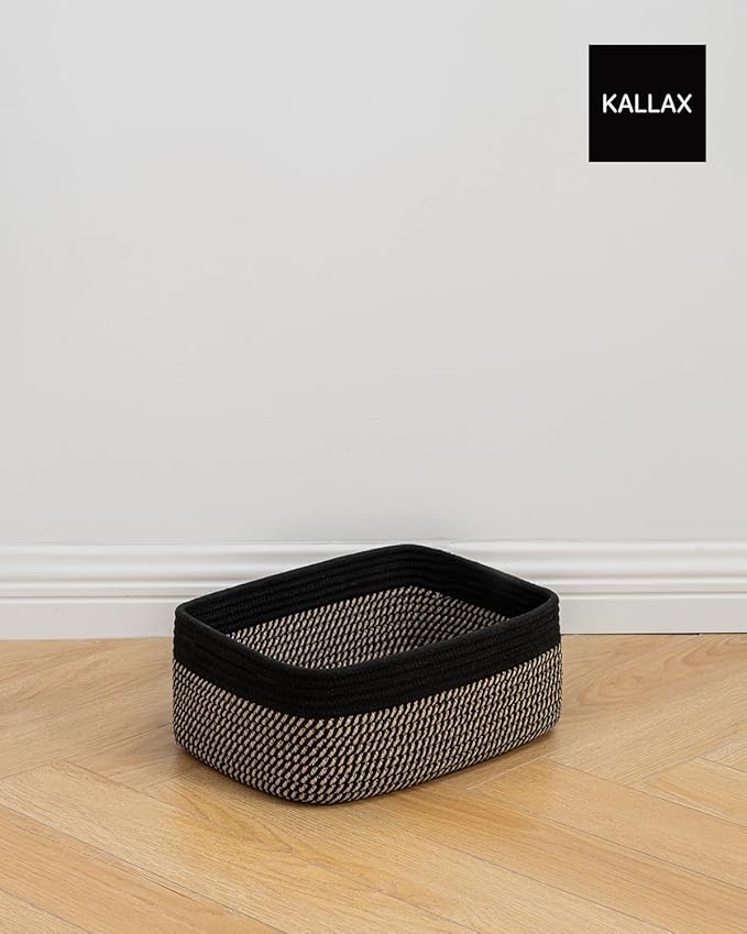 KALLAX Small Woven Basket, 13.5 x 9.5 x 5 Inches, Storage Basket for Organizing, Cute Small Rope Shelf Closet Cube Storage Bins Baskets for Shelves, Dog Toy Gift Baskets Empty, 3 Pack Black & Brown