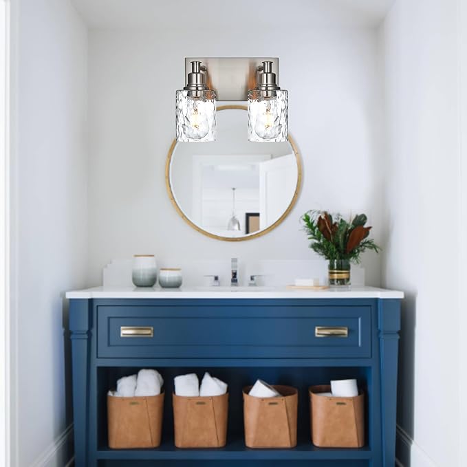 BONLICHT Modern Bathroom Light Fixtures in Brushed Nickel Finish, 2 Light Industrial Indoor Wall Sconce Farmhouse Vanity Lighting Over Mirror with Hammered Glass Contemporary Hallway Wall Mount Lamp