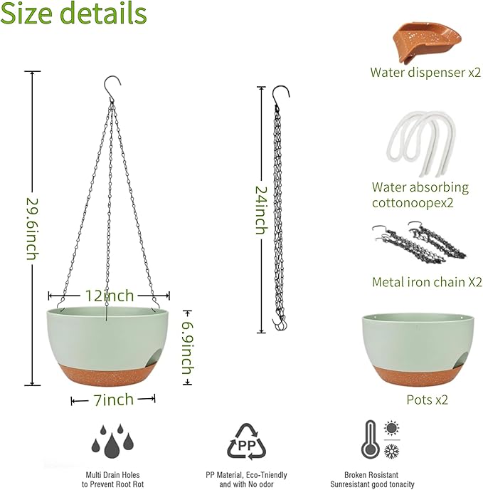 2 Pack Hanging Planters for Indoor Outdoor Plants, 12 Inch Self Watering Hanging Pot with Drainage Holes and Saucer, Plastic Plant Pots, Green Brown Flower Pots for Kitchen, Balcony, Garden