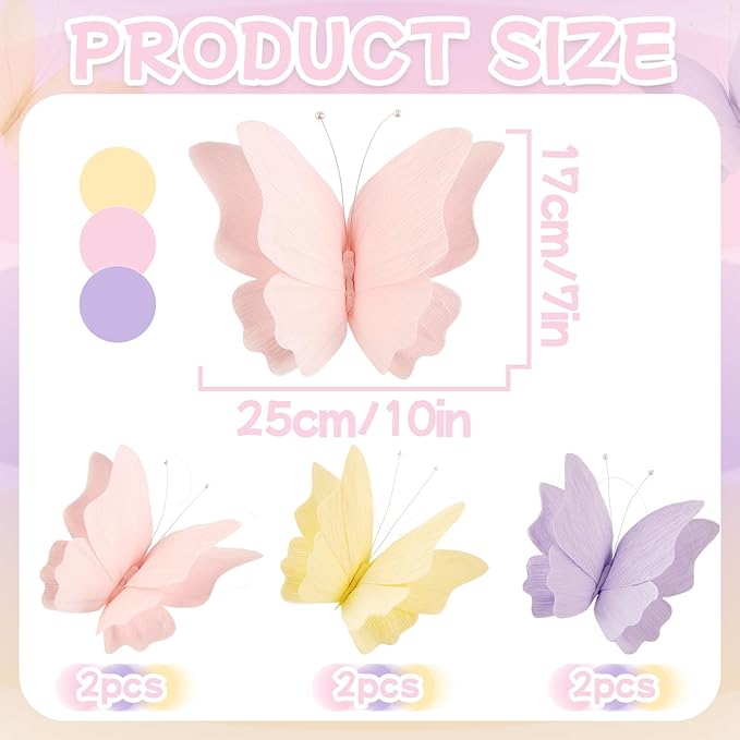 SUNBEAUTY Butterfly Party Decorations Hanging Butterfly Decorations 6Pcs Crepe Paper Garden 3D Butterflies Decor Pastel Paper Butterflies Decoration for Wedding Baby Shower Birthday Party Room Decor