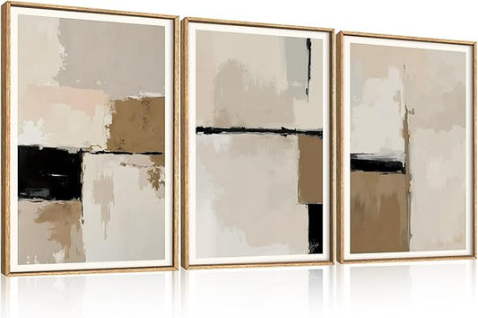 HPINUB Large Modern Abstract Framed Canvas Wall Art Set,Geometric Line Black White and Beige Textured Wall Decor Neutral Gray Minimalist Art Print for Living Room,Bedroom,Office -24"x36"x3
