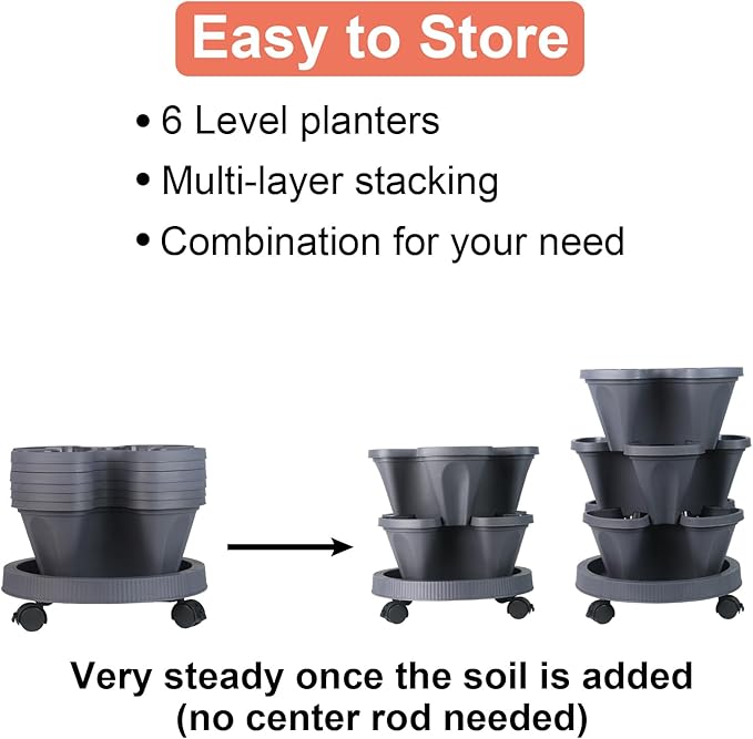 Vertical Planter 6 Tier Stackable Planters Garden Planters Strawberry Herb Flower and Vegetable Planter Indoor Outdoor Gardening Pots with Removable Wheels and Tools