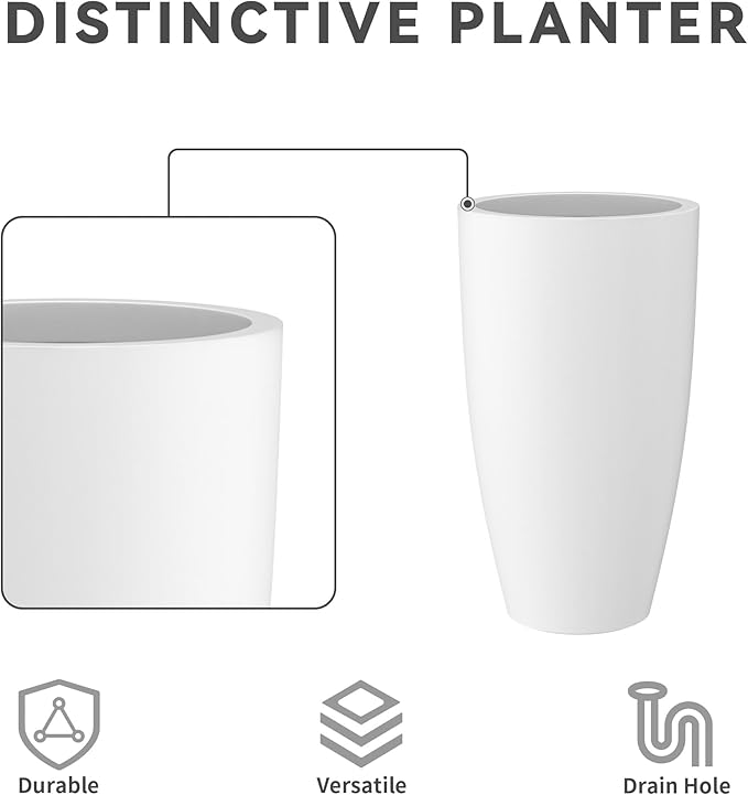 Kante 23.6" H Pure White Finish Concrete Tall Planters Large Outdoor Indoor Decorative Plant Pots with Drainage Hole and Rubber Plug, Modern Tapered Style for Home and Garden