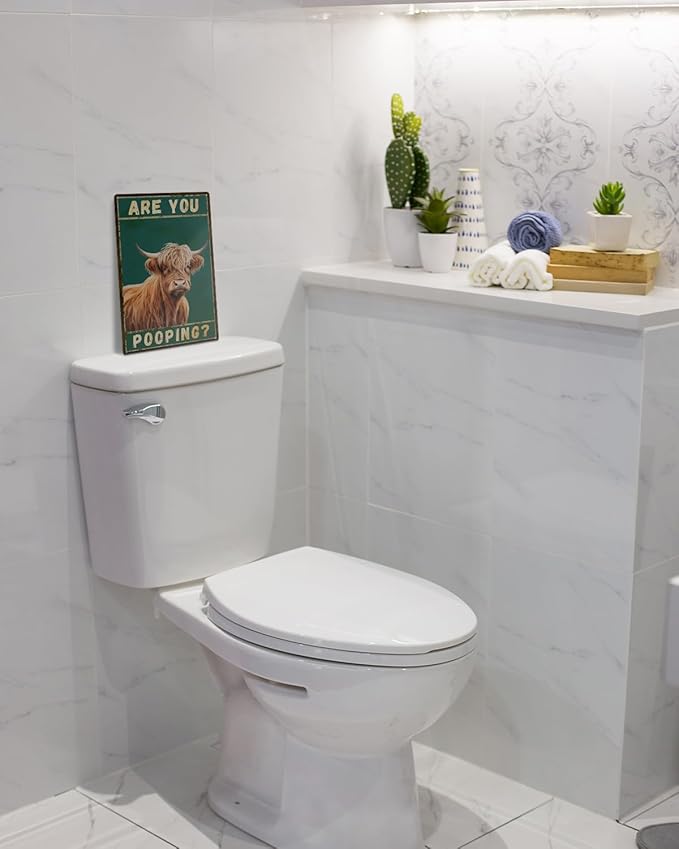 ALKB Funny Highland Cow Are You Pooping Metal Signs Vintage Farmhouse Bathroom Wall Decor Highland Cow Lovers Gift 8 x 12 Inch