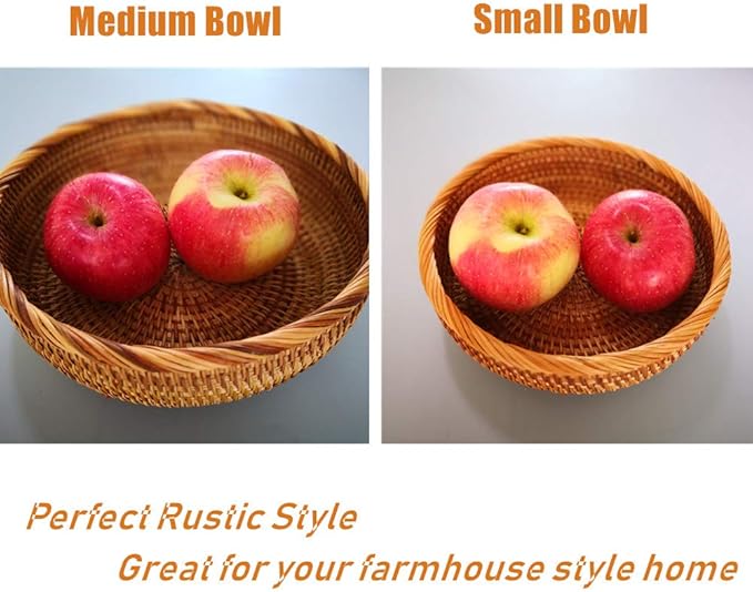 Set of 2 Round Rattan Bowl Baskets, 8 9 Inch Handmade Wicker Basket Tray with 3”Deep Wall, Decorative Woven Brown Bread Basket Fruit Bowl Table Key Holder, 2-Size