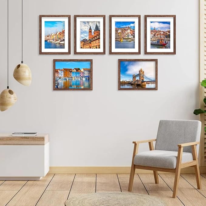 11x14 Picture Frame Set of 6, Display Pictures 8x10 with Mat or 11x14 Without Mat for Wall Mounting,Rustic Brown