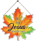 Maple Leaf Fall Decor, Fall for Jesus He Never Leaves Decor Sign Farmhouse Autumn Wreaths for Front Door Christian Jesus Hanger Sign Home Wall Autumn Halloween Thanksgiving Decoration