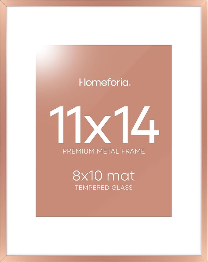 Homeforia 11x14 Picture Frame Rose Gold, High End Metal 11x14 Wall Hanging Frame with Mat 8x10, 11 x 14 Poster Frame Matted to 8 x 10 inch Photo, 11by14 Thin Frames, Tempered Glass, Wall Kit, Set of 1
