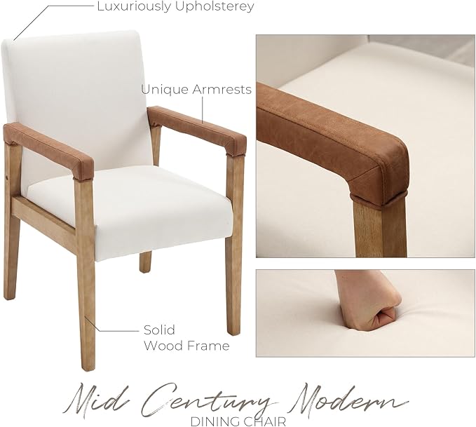 Mid Century Modern Dining Chairs Set of 4 Fabric Upholstered Living Room Side Chair, Kitchen Arm Chair with Solid Wood Legs for Home Restaurant, Linen White