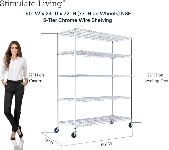 60"x24"x72" PRIME HEAVY DUTY Chrome 5-Tier Wire Shelving NSF 3000 LBS MAX Capacity Storage Rack for Commercial, School, Home, Garage, Warehouse, Industrial, and Hospital Uses (with Wheels)