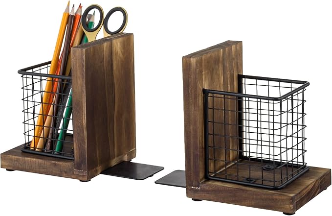 MyGift Rustic Burnt Wood Decorative Bookends for Heavy Books with Matte Black Metal Wire Basket Pencil Cup and Office Supplies Storage Baskets, 1-Pair