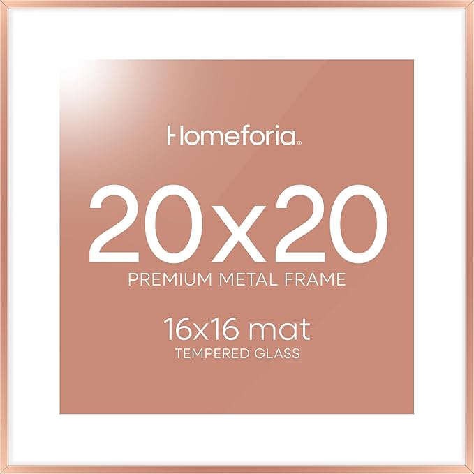 Homeforia 20x20 Picture Frame Rose Gold, High End Metal 20 x 20 Square Poster Frame with Mat 16 x 16 Photo, 20x20 Frame Matted to 16x16 Print, 20by20 Hanging Frames, Tempered Glass, Wall Kit, Set of 1