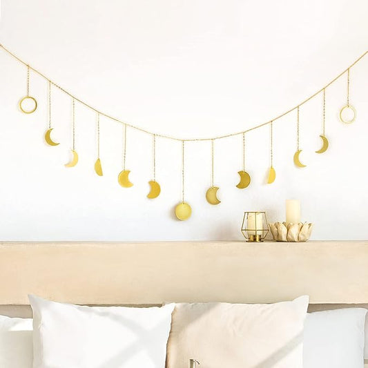 Mkono Moon Phase Wall Hanging Boho Aesthetic Room Decor Metal Moons Garland Hanging Art Bohemian Home Decoration for Girls Room Nursery Bedroom Livingroom Dorm, Ideal, Gold, 55"