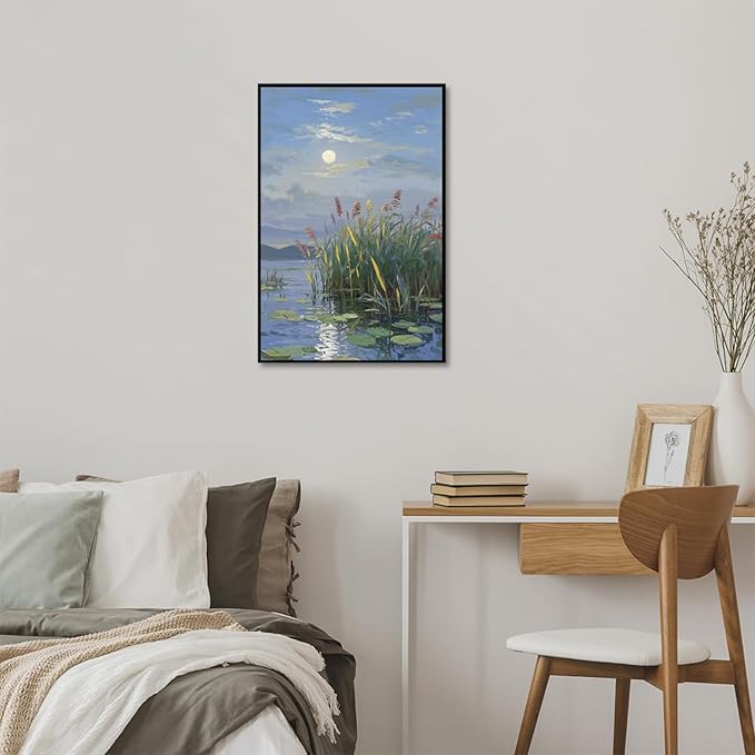 Landscape poster artwork art poster natural landscape painting reed marsh under the moonlight suitable for living room bedroom home wall