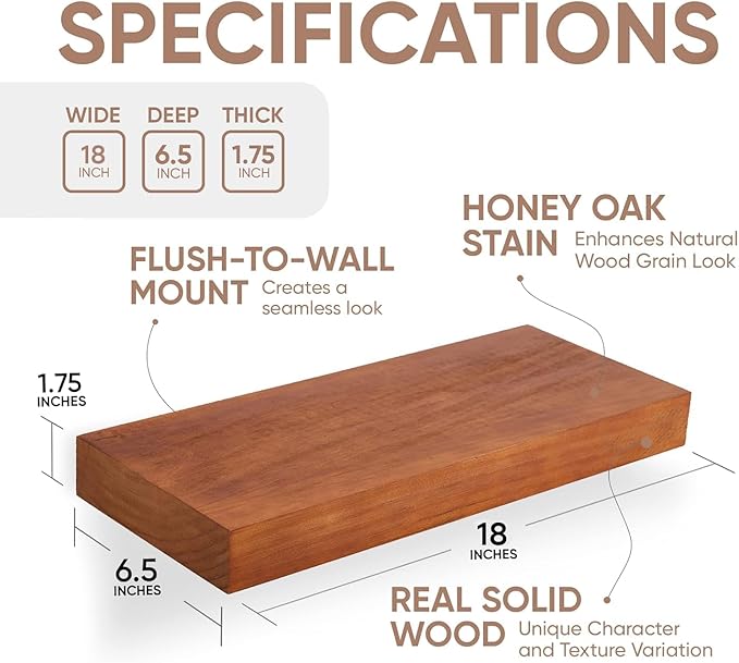 Homeforia 18 inch Floating Shelf Oak, High End Solid Real Wood 18inch Long Floating Shelves for Wall Mounted, Honey Oak Wooden 18in Floating Shelves, Heavy Duty Bracket, 18 X 6.5 X 1.75 inch, Set of 3