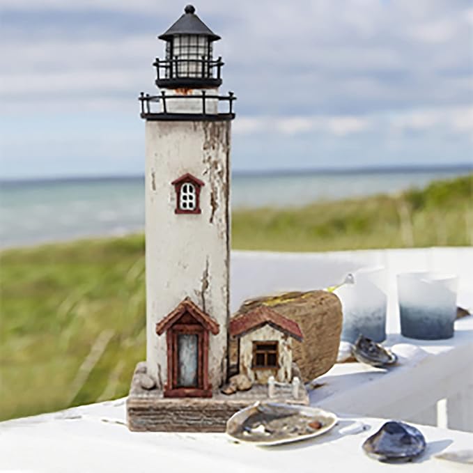 Linfevisi Wood Lighthouse Decor Rustic LED Light House Decor Wooden Decorative Nautical Lighthouse Statue Coastal Beach Themed Lighthouse Handcrafted Tabletop Decoration Home Bathroom (12")
