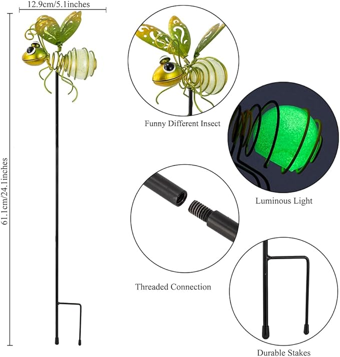 Garden Decor for Outside,3 Pcs Luminous Insect Garden Decorative Stakes,Glow in The Dark Bee Lights Metal Yard Art,Waterproof Outdoor Spring Lawn Patio Pathway Decoration for Mom,Women,Grandma