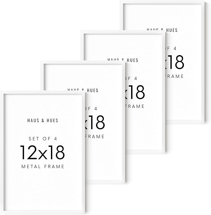 HAUS AND HUES 12x18 White Metal Picture Frames - Features Premium Aluminum, Vertical & Horizontal Hang, Shatterproof Plexiglass - Perfect for Home, Room, Office (12x18 in, White, Set of 4)