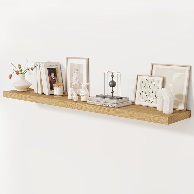 Fun Memories 72 Inch Floating Shelf, 12 Inch Deep Wall Shelf for Fireplace Mantel, Deep Storage Shelves for Home & Office, Wall Shelves with Invisible Bracket, Oak, Set of 1