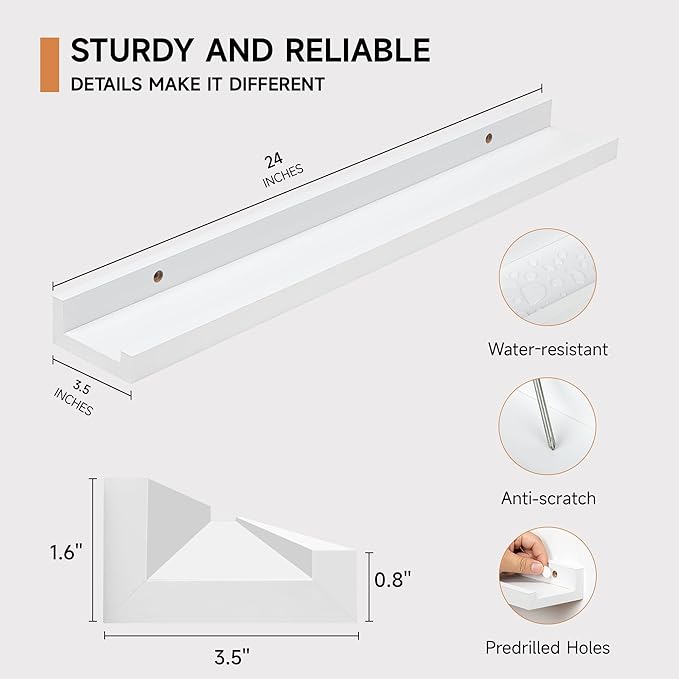 Picture Ledge Shelf for Wall, Floating Shelves Set of 4, 24 Inch Long Nursery Book Shelves for Toys Storage, Kids Bookshelf Wall Mounted for Books Photo Frames, White