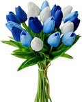 Mandy's Artificial Tulips 20 Stems Shades of Blue PU Faux Flowers for Wedding Home Decor 13.5 Inch