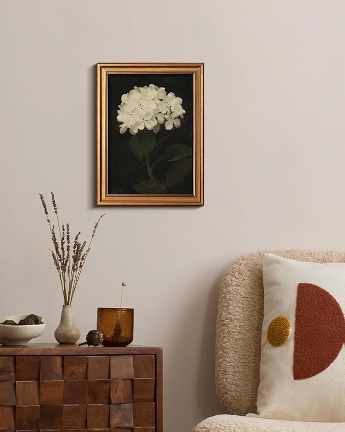 HUARCEY Gold Framed Vintage Wall Art for Living Room, Flowers Painting Canvas Prints Shelf Decor for Kitchen, Aesthetic Bedroom Wall Art, Christmas Gifts for Friends Family (White Hydrangea 12"x16")