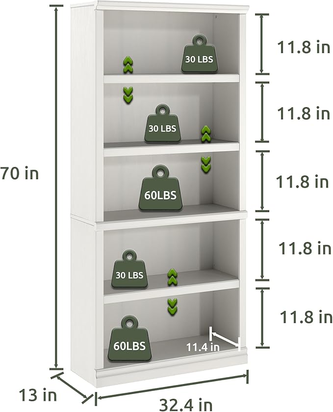 70-Inch Tall White Bookcase, 5 Tiers Shelves Open Storage Bookshelf, 33 in Wide Anti Tipping Indoor Furniture, Book Cases for Home Library Office Bedroom School
