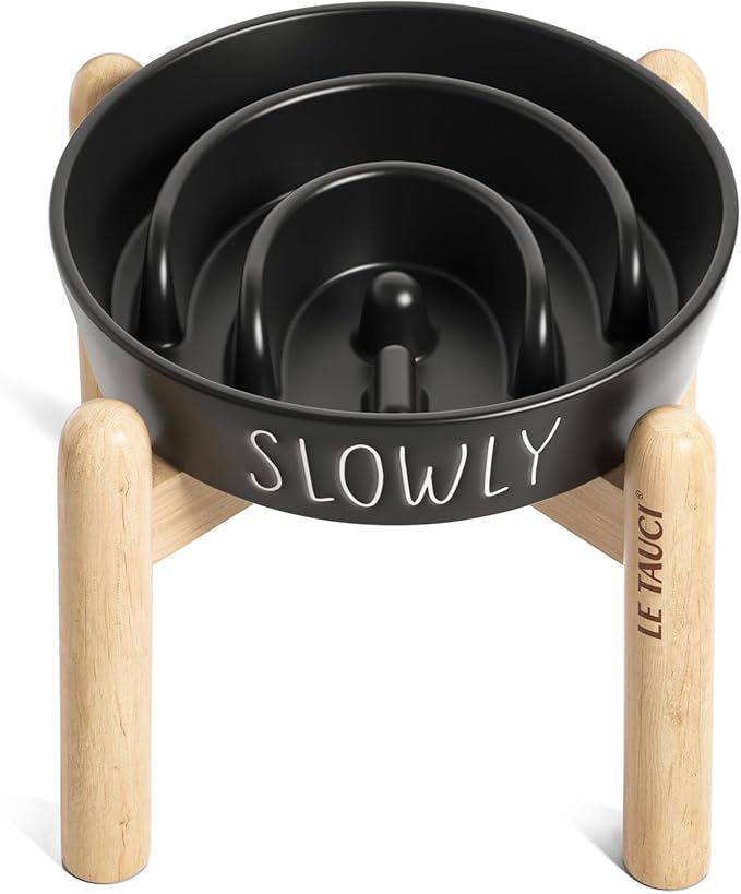 Ceramic Slow Feeder Bowl Elevated - 1.5 Cup with Wood Stand for Small & Medium Breed, Anti-Gulping, Black