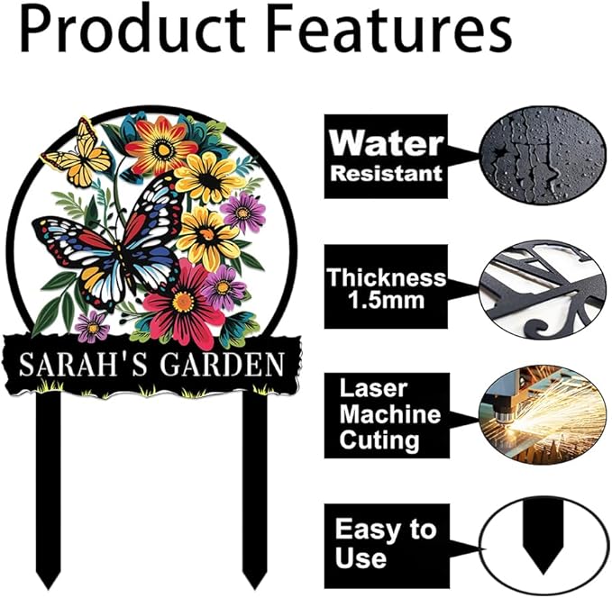 Personalized Butterfly Metal Sign with Stake,Custom Gardener Family Name Signs Outdoor Decorate,Customized Garden Accessories Decor for Mother's Day,Sunflowers Plaques for Patio Lawn Porch Backyard