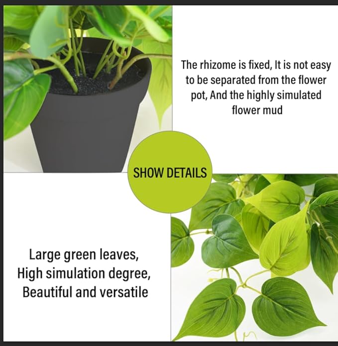 Tiita 2 Pack Fake Plants Artificial Scindapsus Aureus in Pots, Realistic Fake Greenery Potted Plants for Home Office Desk Window Sill Bathroom Bedroom Outdoor Indoor