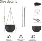 2 Pack Hanging Planters for Indoor Outdoor Plants, 12 Inch Self Watering Hanging Pot with Drainage Holes and Saucer, Plastic Plant Pots, Black Flower Pots for Kitchen, Balcony, Garden