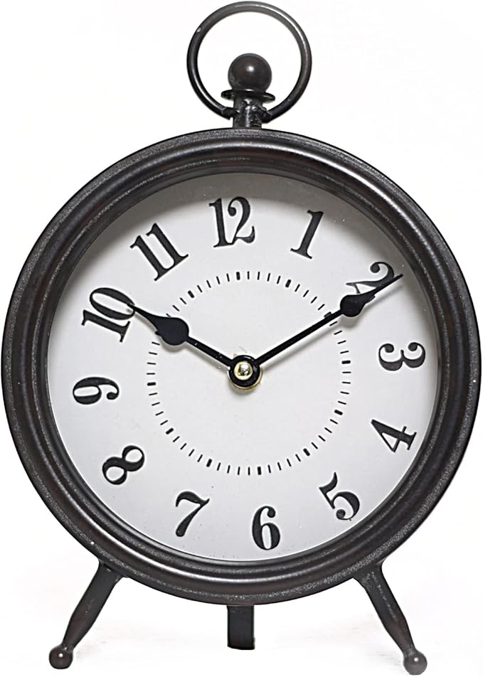 Vintage Black Table Clock on Stand, Decorative Desk and Shelf Clock, Rustic Mantel Clock Farmhouse Clock Non-Ticking