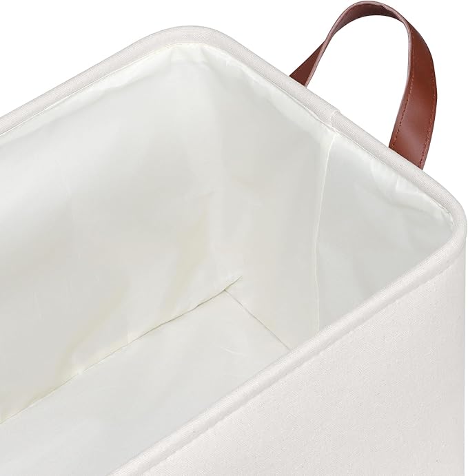 KEEGH Storage Baskets for Organizing, Fabric Storage Bins with Leather Handles, Shelf Baskets for Closet Organization, 15" L x 11" W x 10" H, White, 4 Pack