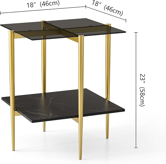 Glass End Table, Mid-Century Modern Design Sofa Table, for Living Room, L18 x W18 x H23 in, Clear Glass Top and Walnut MDF Shelf, Sleek Conical Metal Legs with Gold Finish Frame