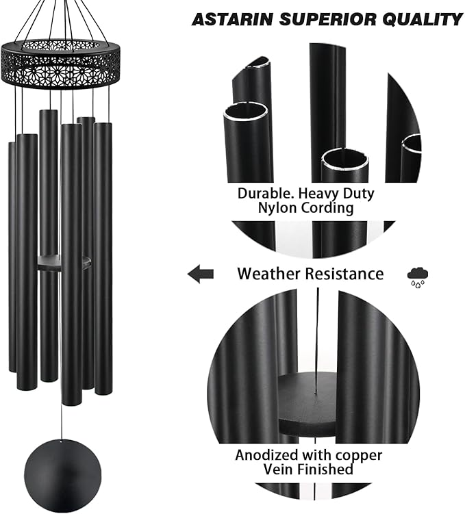 ASTARIN 60'' Deep Tone Wind Chimes for Outside -Extra Large Windchimes with 6 Heavy Tubes, Memorial Wind Chimes Outdoor for Garden Hanging Décor,Sympathy Gifts, Black