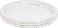 Round Wood Serving Tray with Beads, White Washed Wooden Decorative Tray for Entertaining, Decoration, and Gifting