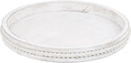 Round Wood Serving Tray with Beads, White Washed Wooden Decorative Tray for Entertaining, Decoration, and Gifting