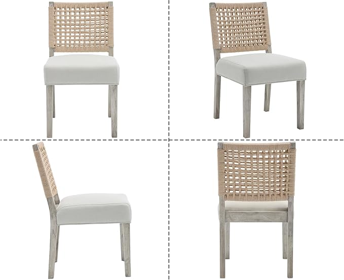 Kmax Farmhouse Dining Chairs Set of 2, Rustic Kitchen Chairs with Linen Fabric Seat and Woven Back, Vintage Accent Chairs for Dining Room, Living Room, Ivory