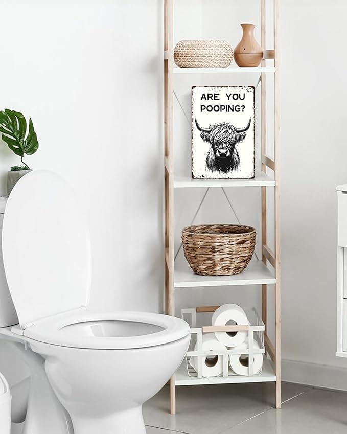 ALKB Funny Highland Cow Are You Pooping Metal Signs Vintage Farmhouse Bathroom Wall Decor Highland Cow Lovers Gift 8 x 12 Inch