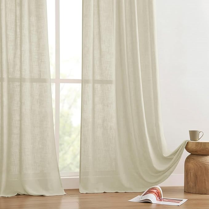 Joydeco Linen Curtains 96 inches Long 2 Panels Set,Light Filtering Curtains for Living Room Bedroom, Window Long Drapes with Rod Pockets Back Tab (W52 x L96 Inch, Natural)